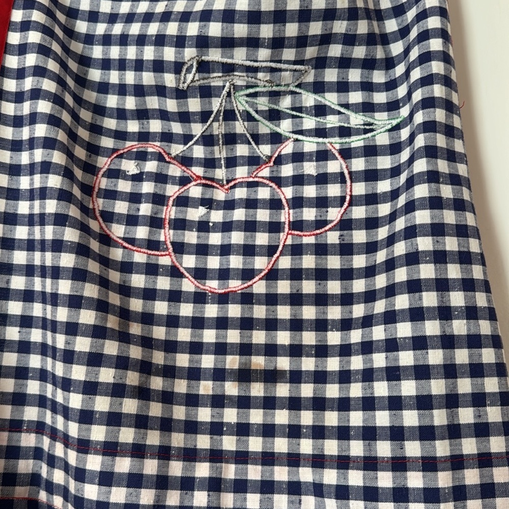 Kitchen Apron Spring Cherry Apron blue plaid with gold ring adjustable neck - Picture 7 of 8